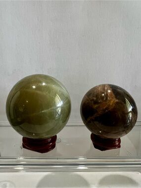 Polished Green and Black Moonstone Decorative Stone Spheres - Set of 2
